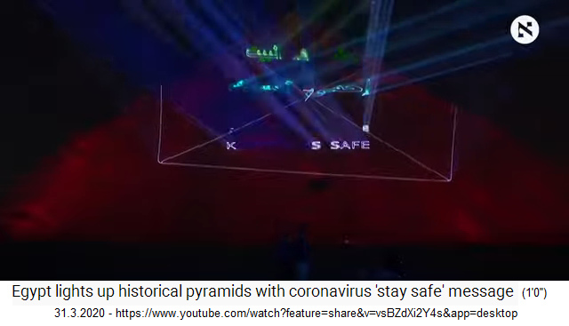 31.3.2020: Ägypten
                            Pyramide von Gize in Rot mit dem Schriftzug:
                            "Stay Safe" und "Thank you to
                            those keeping us safe" mit Geometrie 02
                            ("bleib sicher
                            zuhause"+"Danke jenen, die uns
                            beschützen")