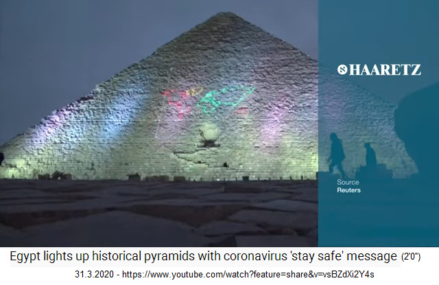 31.3.2020:
                            Ägypten Pyramide von Gize, Lasershow im
                            Morgengrauen mit Weltkarte und dem Logo von
                            Haaretz