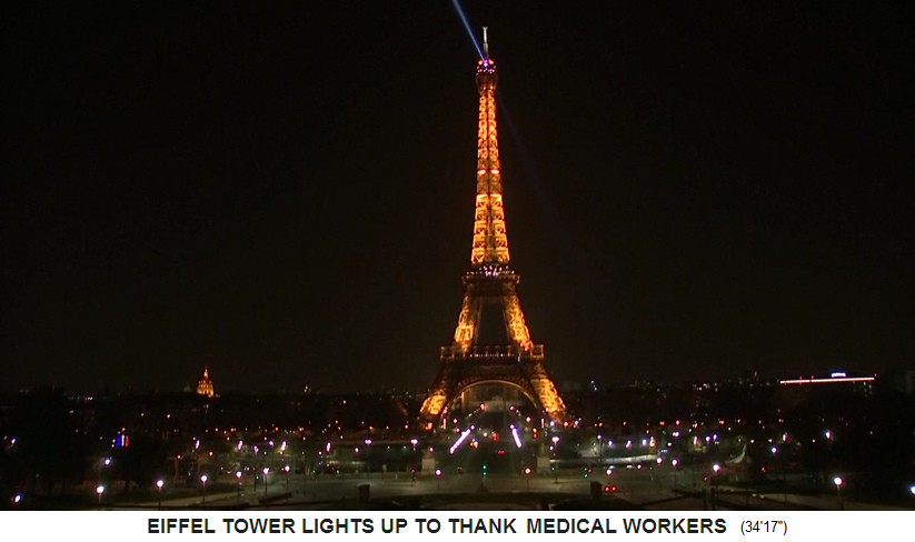 Paris Eiffelturm mit Beleuchtung in
                                Gelb (Farbe von Q), 27.3.2020