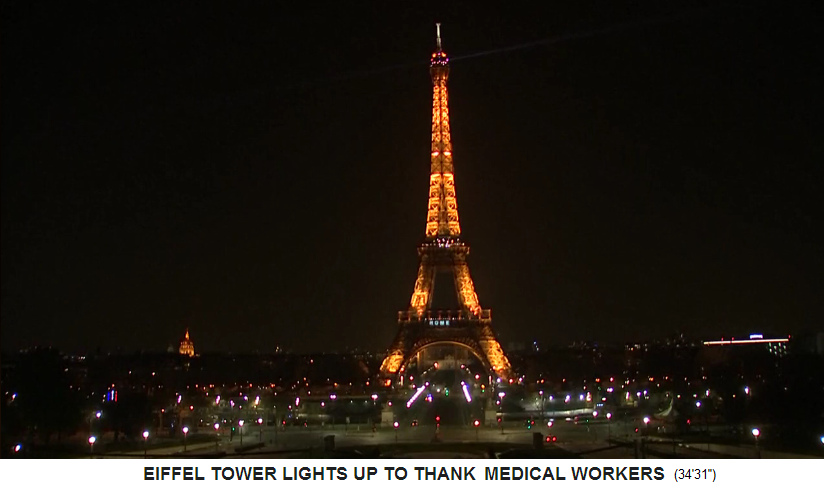 Paris Eiffelturm mit Beleuchtung in Gelb
                        (Farbe von Q), 27.3.2020 mit der Anweisung des
                        Trump-Teams (WDS), zu Hause zu bleiben