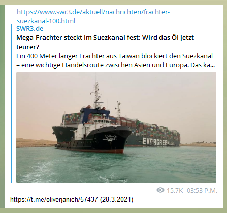 Schiff der Reederei "Evergreen"
                        blockiert seit Tagen den Suezkanal, 28.3.2021