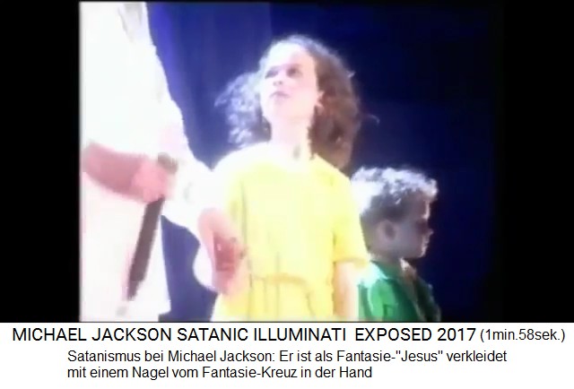 Satanismus bei Michael Jackson: Er ist als
                Fantasie-"Jesus" verkleidet mit einem Nagel
                vom Fantasie-Kreuz in der Hand