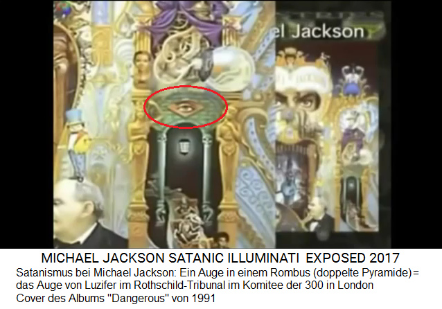 Cover von Michael Jacksons Album
                    "Dangerous" von 1991: Ein Auge in einem
                    Rombus (doppelte Pyramide) = das Auge von Luzifer im
                    Rothschild-Tribunal im Komitee der 300 in London